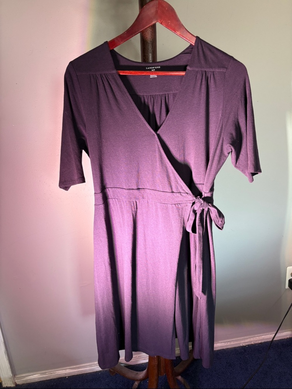 Lands' End black Wrap-Style Midi Dress with Side Tie, faux pearl necklace ,